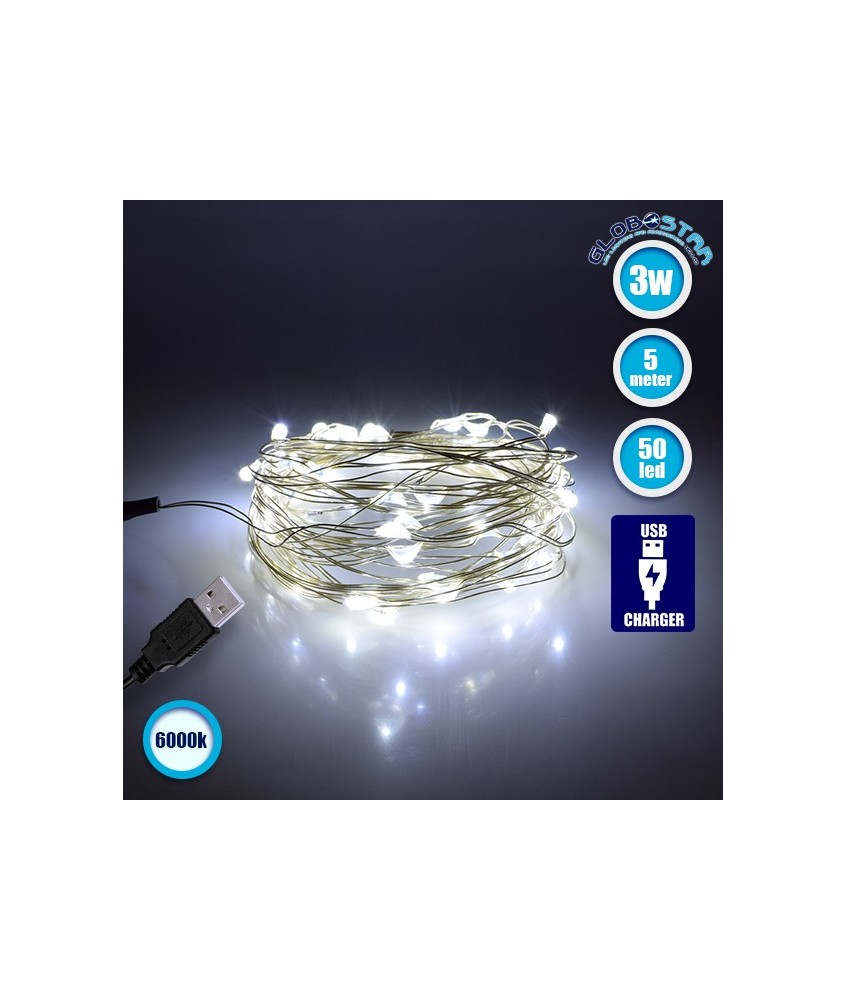 79731 Διακοσμητική Γιρλάντα 5 Μέτρων 50 LED USB 5 Volt 3 Watt με Ασημένιο Συρμάτινο Καλώδιο Ψυχρό Λευκό 6000K
